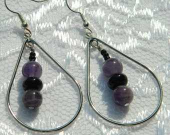 Amethyst and Onyx in Teardrop Earrings