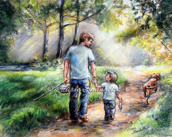 Father and son, "Fishing With My Dad" Paper or Canvas archival Print,  sports art,Laurie Shanholtzer