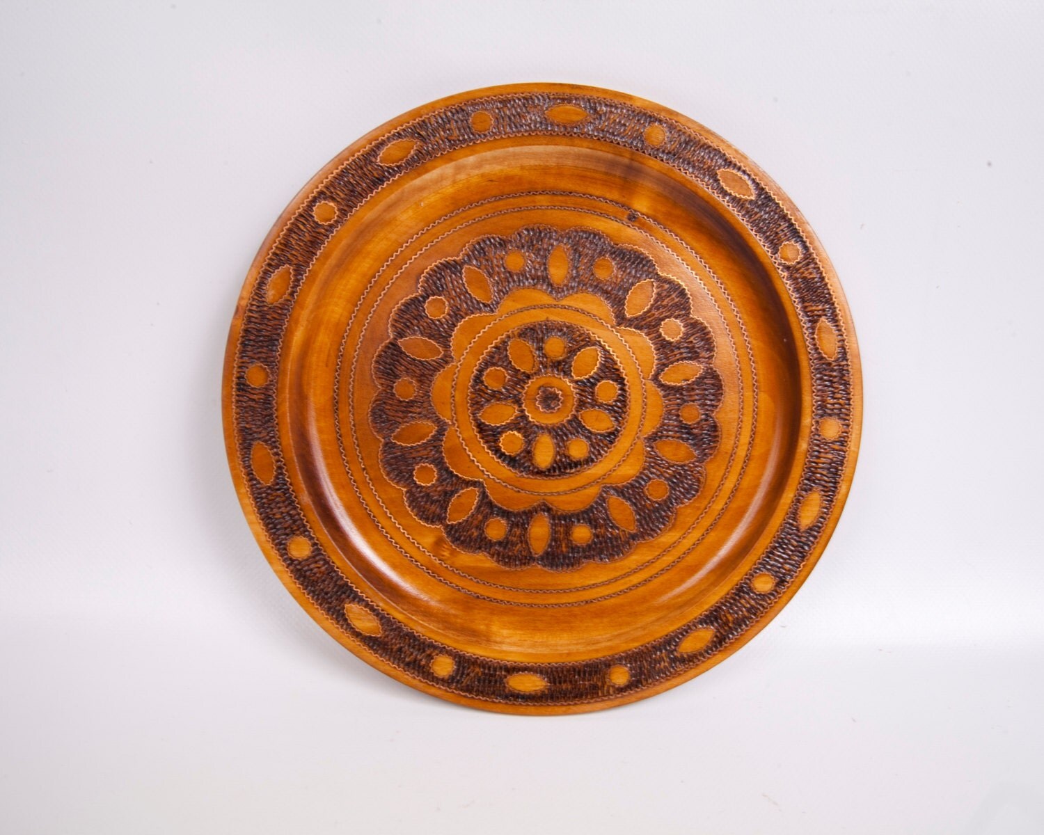 Vintage Wood Carved Plate Made in Poland Cepelia Krakow Wood