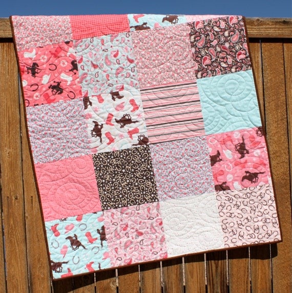 Items similar to Aqua Pink Western Baby Girl Quilt ...