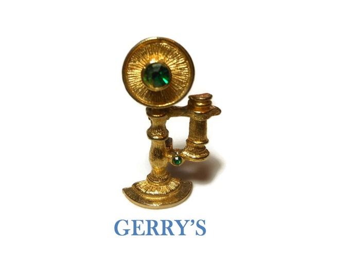 FREE SHIPPING Gerry's telephone brooch, candlestick telephone pin, gold tone green rhinestones, detailed figural phone brooch, old fashioned