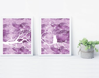 Purple Cat Tree Wall Art Print Set of Two Prints - Watercolor