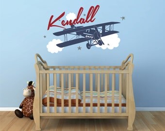 Airplane Name Decal ,Personalized, Airplane Clouds, Airplane Nursery Name Decal, Airplane Decor, Airplane Nursery, Plane Decal - WD0076