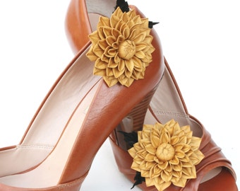 Leather flower shoe clips, wedding shoe brooches, bridal shoe brooches, leather anniversary gift, leather shoe clips UK shop