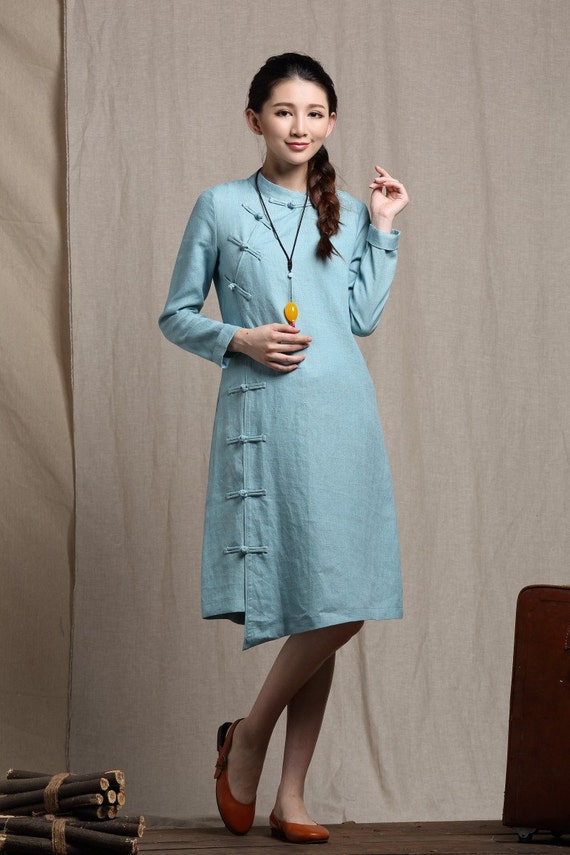 Linen Cheongsam Dress / Blue Tunic Dress / Blue Kaftan / Linen