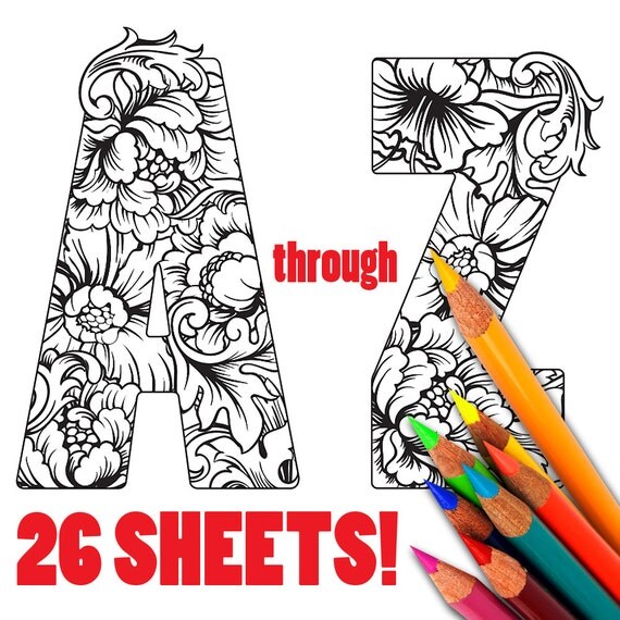 ALPHABET Floral Flowers Adult Coloring Sheets Coloring