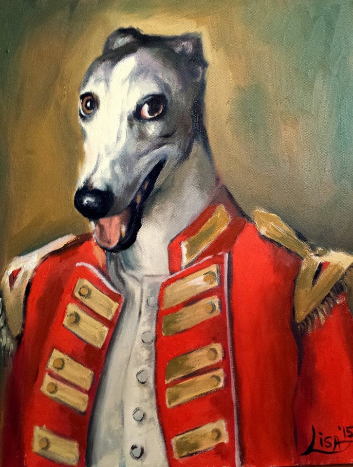 Original Oil Painting Dog In Navy Military Uniform Pet