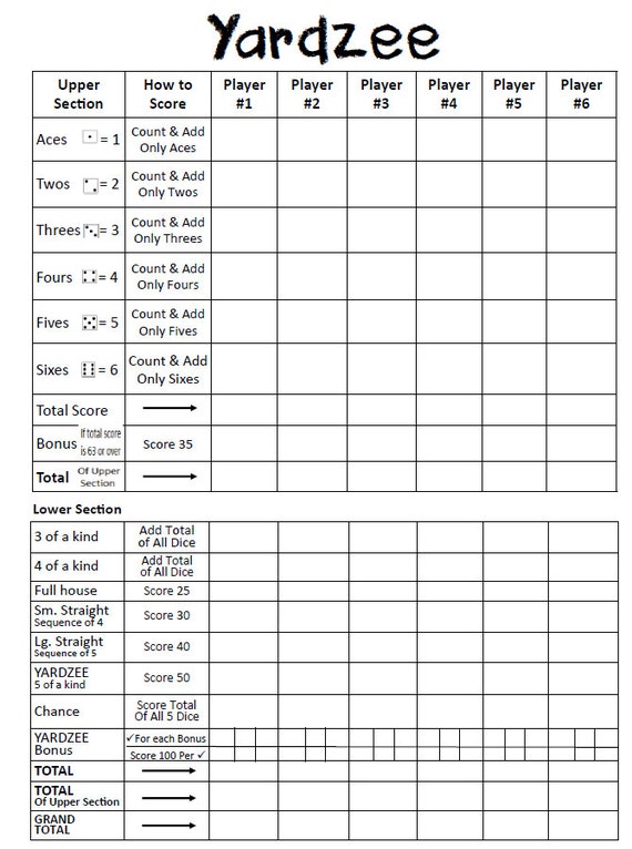 printable yardzee score card lawn yahtzee by