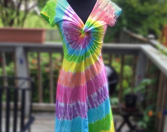 Tie-Dye Pastel Rainbow Twist Front Dress with Short Sleeves