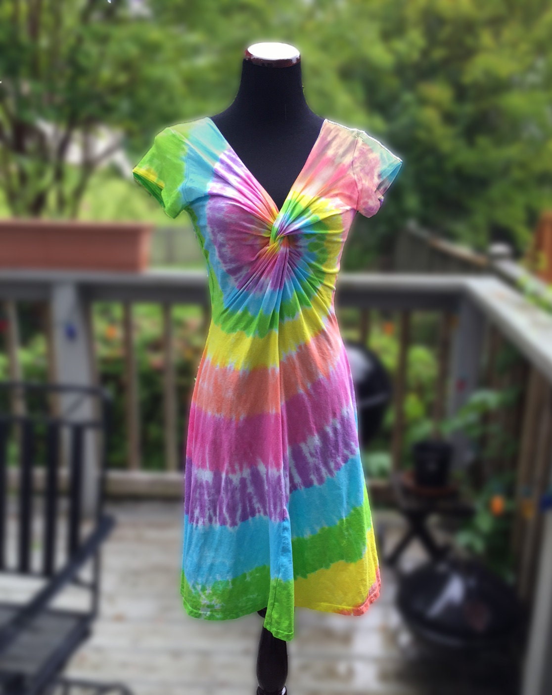 Tie-Dye Pastel Rainbow Twist Front Dress with Short Sleeves