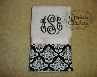 Custom personalized monogrammed 3 initial black and pink damask burp cloth baby shower gift