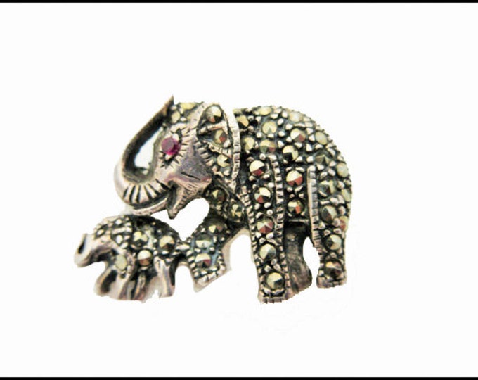 Sterling Elephant Brooch - silver marcasites - red eyes - mother and baby elephant pin