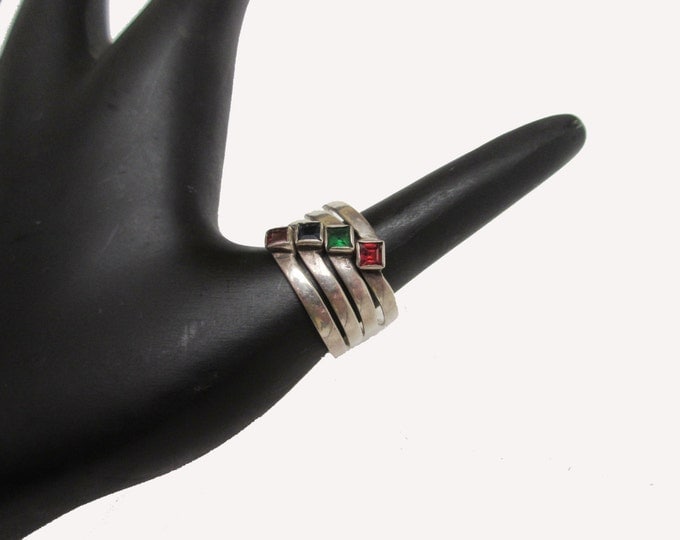Sterling Stacking Rings - gemstone Red Ruby,garnet ,Ruby,Green Emerald and blue spinel - Boho ring size 9
