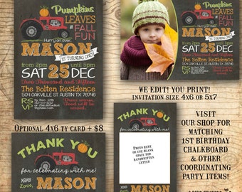 Pumpkin birthday invitation - Fall invitation - tractor party invitation fall pumpkin invitation with tractor - birthday party invitation