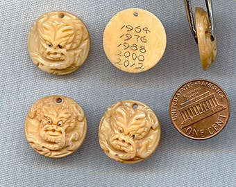 Vintage Genuine Ox Bone Hand Carved Chinese Zodiac Year of the Dragon 20mm. Round Pendant R638