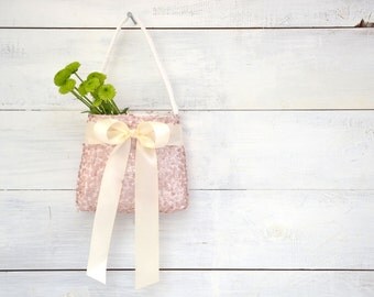 Flower Girl Basket - Light Blush Sequin with Ivory Ribbon - Flower Girl Bag, Girls Purse, Blush Flower Girl, Sequin Flower Girl Basket