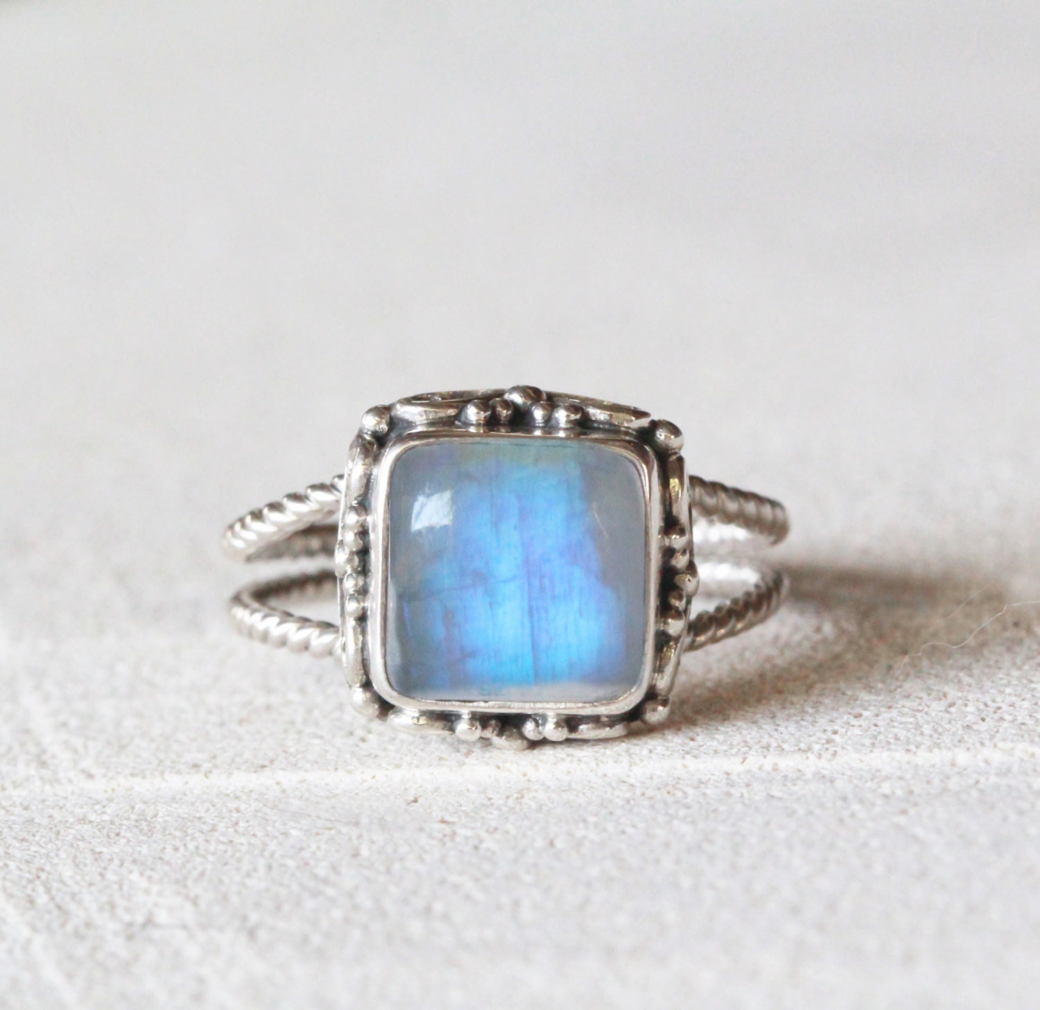 Square Rainbow Moonstone Ring Boho Moonstone Ring Silver