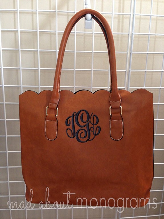 Monogrammed SCALLOPED Edge Faux Leather Tote Bag or Purse