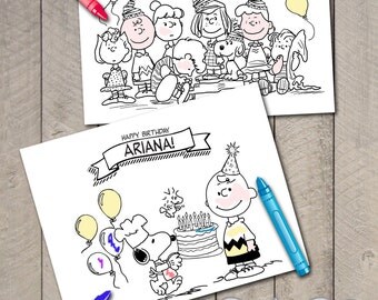 Set of 2 Printable Personalized Charlie Brown Peanuts Snoopy Birthday Coloring Page Files by Carta Couture