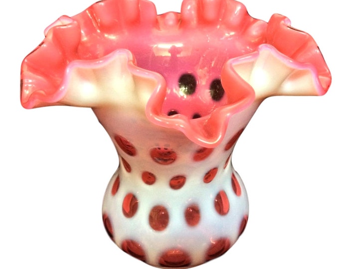 Fenton Cranberry Vase, Opalescent Glass Ruffled Rim Vintage Vase, Gift For Her