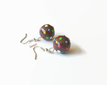 Candy Crush disco ball earrings (handmade Candy Crush jewelry earrings brown dots kawaii stocking stuffer geeky polymer clay Fimo game)