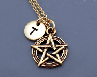 Pentagram necklace, pentangle, star pentagon, gold pentagram pentangle star pentagon, initial necklace, personalized, monogram
