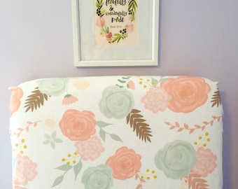 Fitted crib sheet - summer blooms - blush peach coral mint aqua green - flowers floral sprigs retro vintage girl nursery - baby shower gift