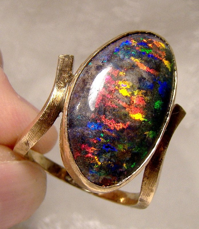 14K Australian Black Opal Ring 1960s Intense Colour Genuine 7