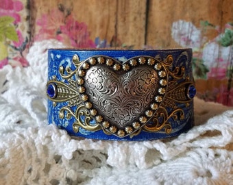 HeArT Concho Leather Cuff Bracelet> Blue Bracelet/ Rhinestone/ Heart Jewelry/ Multi Metal/ Country/ Boho/ Gypsy Cowgirl/ Romantic/ Love
