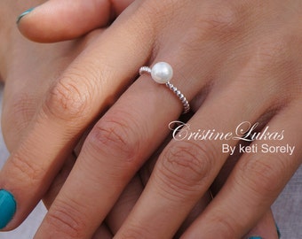Pearl Ring with Small Beaded Design Band - Dainty Pearl Ring Stacking Ring in Sterling Silver - Stackable Pearl Ring