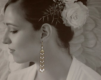 Tassel Pearl Earrings in Gold - Cherry Blossom Chandelier Earrings with Natural Freshwater Pearls - 00261 - allotria