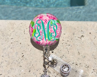 Monogram Badge Reel, Retractable Badge Holder, Personalized Badge Reels, Doctor Badge Reels, Pharmacy Badge Reels, RN,MD,Preppy Floral,MB360