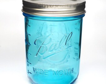 One Pint Blue color Glass MASON Canning JAR Vintage Style 16 oz Wide Mouth + Lid & Band 5" tall Collection Elite BALL 69023