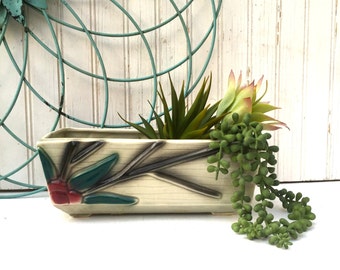 Mid-Century Gray Planter with Leaves and Berries, Vintage Ceramic Planter