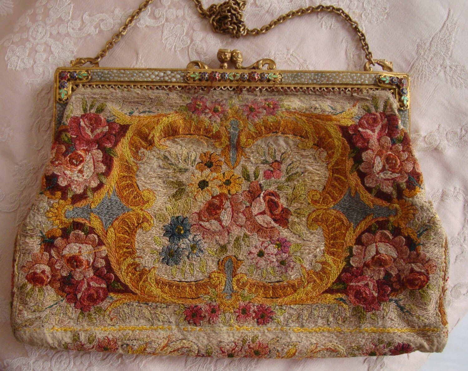 Delicious Antique Art Nouveau French Evening Bag Purse Hand Embroidered
