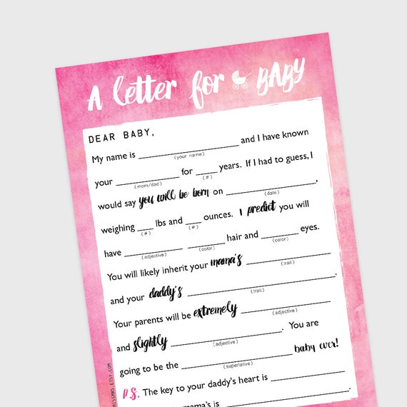 Baby Shower mad-lib game // A Letter to BABY // pink watercolor ombre