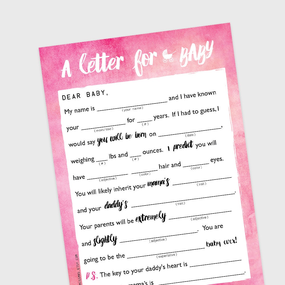 Baby Shower madlib game // A Letter to BABY // pink