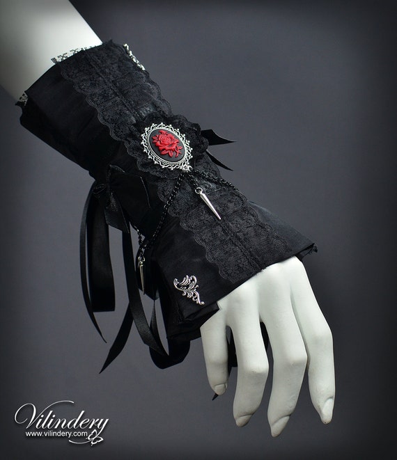 Goth Victorian Cuff with Rose Cameo and spikes - Dark Fashion bracelet, Elegant Goth Wedding Jewelry, Cute Lolita Accessories with spikes