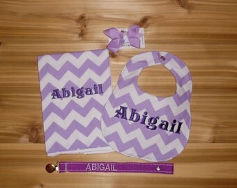 Custom Monogrammed Baby Gift Set - Lavender Chevron Mongrammed Bib, Burp Cloth, Monogrammed Bow & Pacifier Chain
