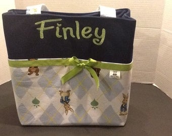 Personalized diaper bag/tote bags/pocket bag with lots of pockets made with Peter Rabbit fabric