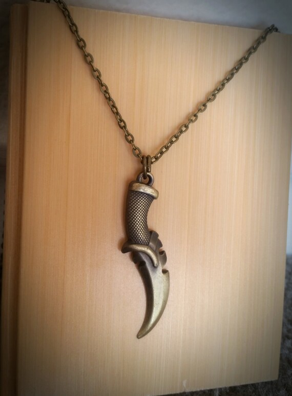 Curved Dagger Necklace Bronze weapon charm on Bronze Chain