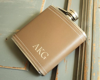 Monogrammed Flask, Personalized Flask, Vegan Leather Flask, Custom Engraved Flask: Gift for Him, Valentine Day, Stocking Stuffer, Groomsmen