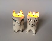 Fox and Bear Porcelain Candle Holders; handmade one of a kind