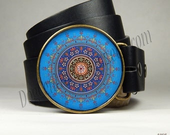 Belt Buckle Blue Mandala Belt Buckle Choice of Buckle Finish Mandala Art Womens Clothing Round Buckle Girlfriend Gift Birthday Gift