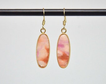 Pink Orange Cream Marbled Silk Oval Earrings