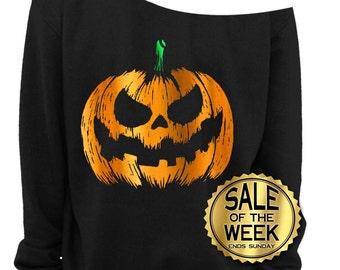 HALLOWEEN SHIRT - Foil PUMPKIN - Pumpkin Shirt - Ladies Slouchy Sweatshirt - Off the Shoulder Sweatshirt - Waterbase Foil Inks s - 3x