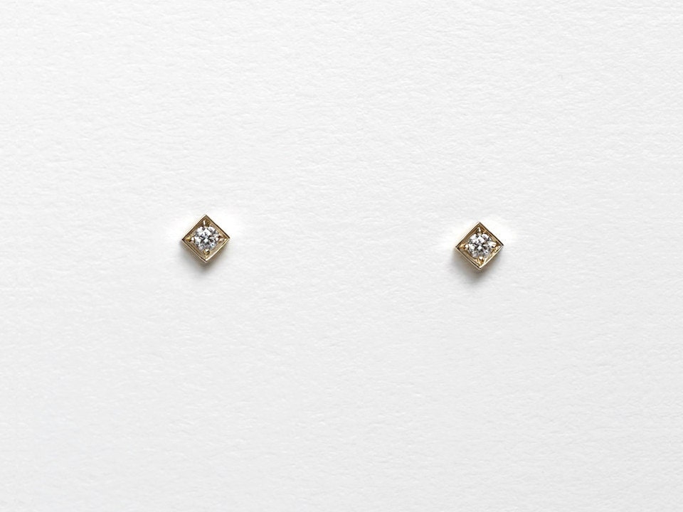 14k Gold Diamond Square Stud Earrings Diamond Solitaire