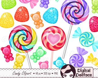 Rainbow Candy Clipart, Sweet Shop Birthday Candy Clip Art, Lollipops, Gumdrops, Gummy Bears