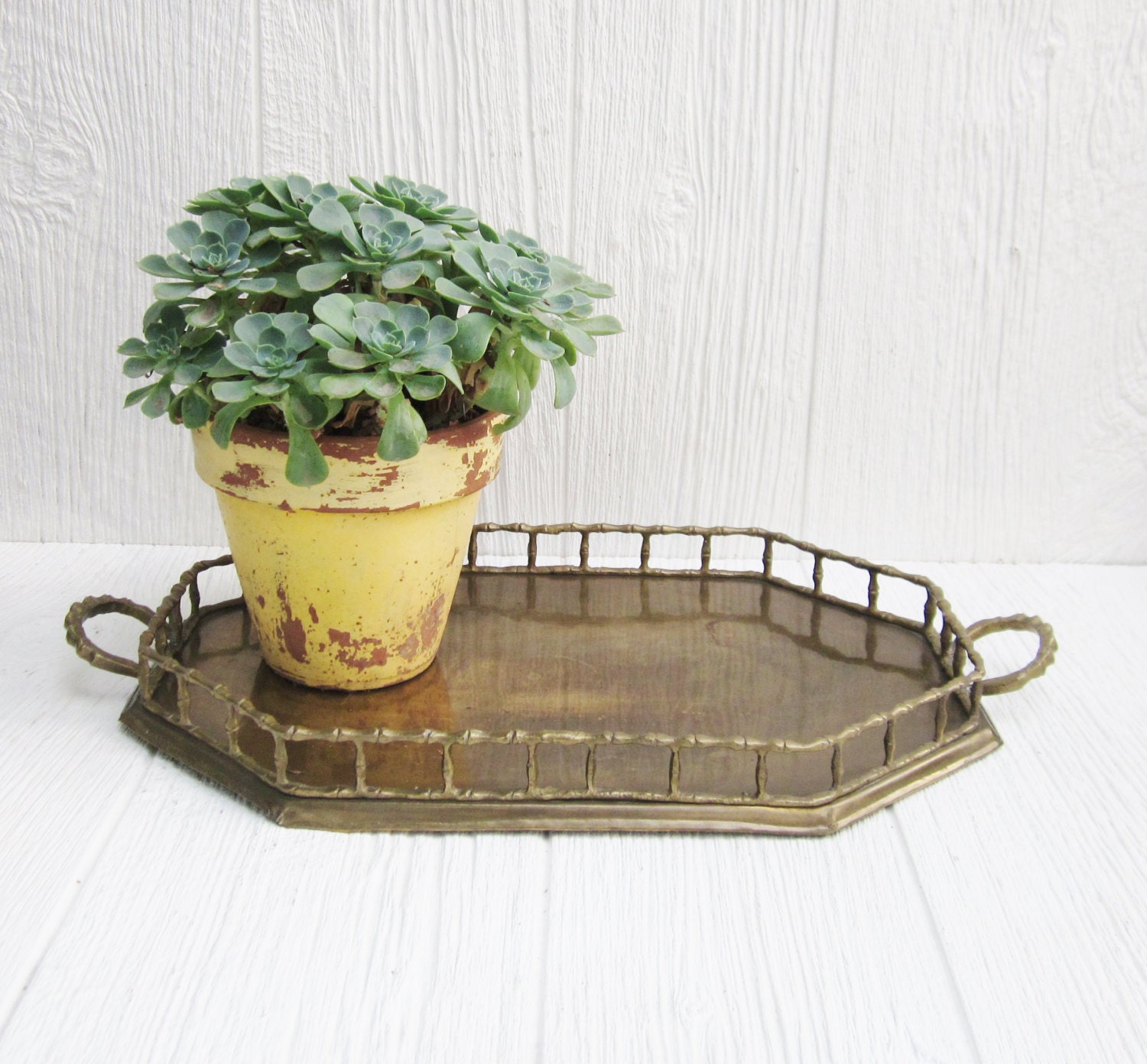 Vintage Brass Tray, Large Faux Bamboo Brass Vanity or Serving Tray with