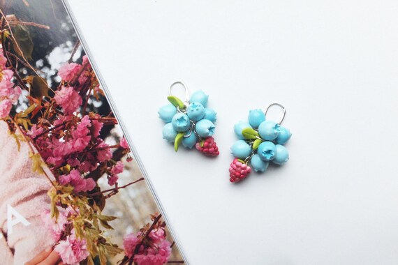 Fantasy forest earrings - Woodland jewelry / clay berry earrings / silver 925 hook earrings  / candy pastels / statement fashion earrings